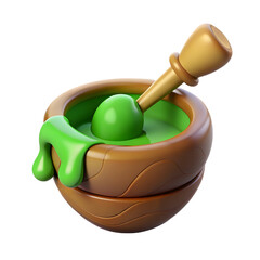 3D Render Green Paste in Wooden Mortar and Pestle isolated on transparent background