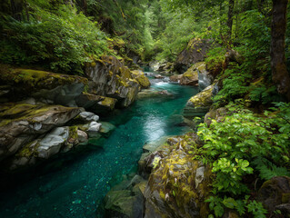 Naklejka premium serene teal stream winding through mossy rocks and lush greenery