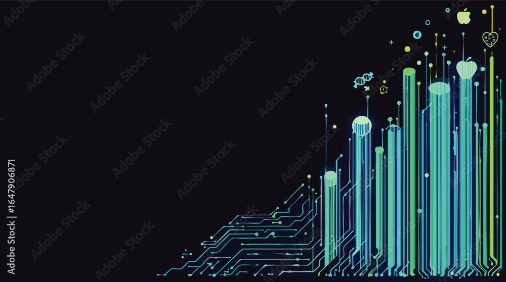 Poster abstract digital growth chart with circuitry and icons on dark background technology infographic.