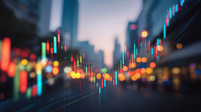 Transparent stock market chart overlay on blurred city background
