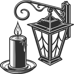 Set of old black and white vector illustrations featuring a classic lamp, a trash can, and a glass coffee cup