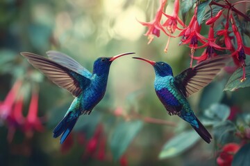 Obraz premium Violet Sabrewing hummingbirds hovering near fuchsia flowers in a vibrant garden during early morning light