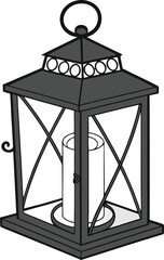 Antique metal lantern with glass panes and a handle, isolated on a white background