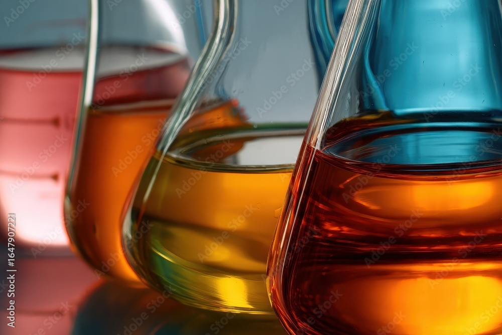 Poster closeup of laboratory glassware filled with colored liquids demonstrating scientific experimentation