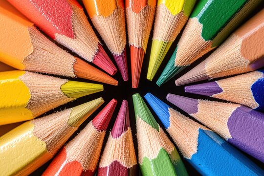 A detailed macro shot of colorful pencils arranged in a circular pattern with their sharpened tips pointing inward. The pencils display a spectrum of colors from red to violet.