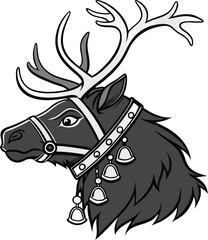 Black and white vector illustration of a wild stallion head mascot symbol with a flowing mane, perfect for a logo or tattoo design
