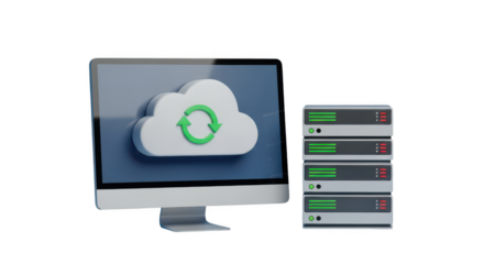 Computer monitor with cloud icon and server racks isolated on white background