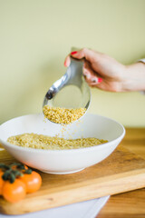 Healthy breakfast with yogurt, granola and chia seeds.
