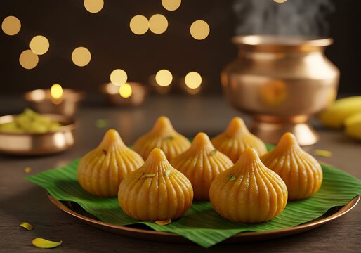 Steamed modak indian sweet dessert on banana leaf with bokeh lights