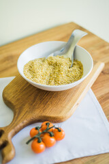 Healthy breakfast with yogurt, granola and chia seeds.