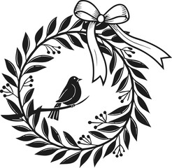 A stylized black and white vector illustration of a bird on a branch, with a tribal tattoo design and floral elements