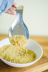Healthy breakfast with yogurt, granola and chia seeds.