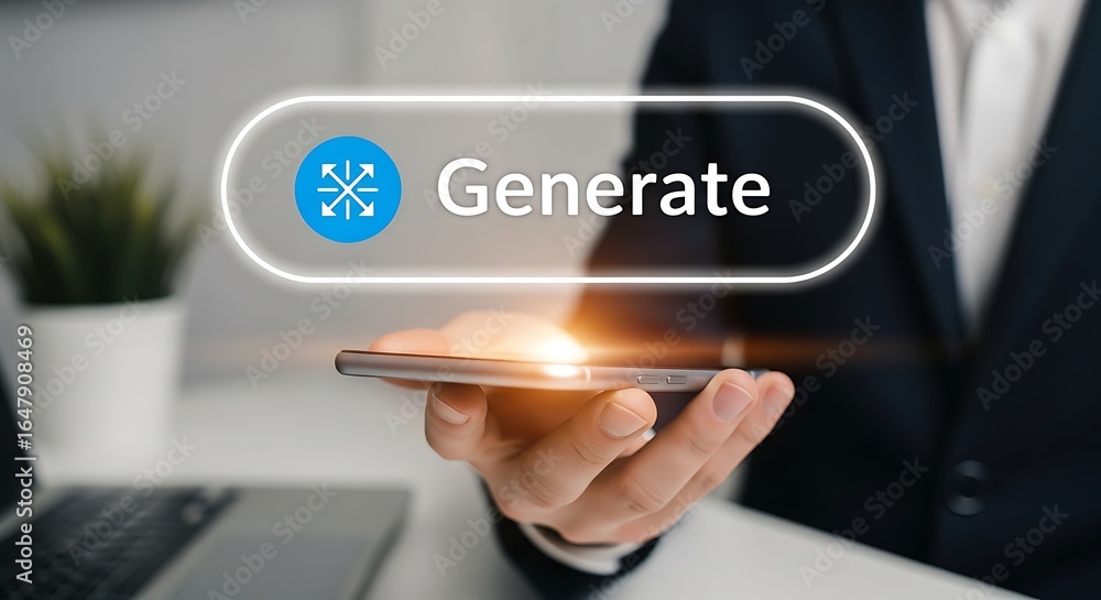 Poster person holding a smartphone with a glowing generate button and ai icon, symbolizing future technolog