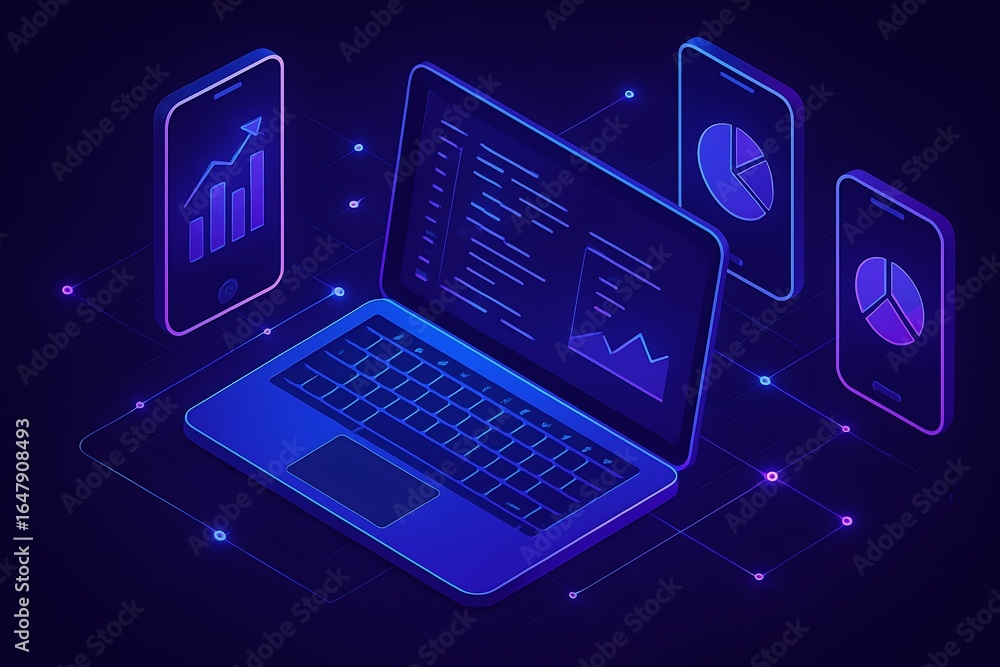 Aufkleber isometric laptop and mobile devices displaying business data and charts for financial analysis and m