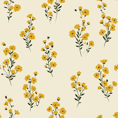 Flower watercolor pattern, simple wildflowers plants, yellow flowers, chamomile, dill, grass, dragonfly and yellow berries, acrylic painting