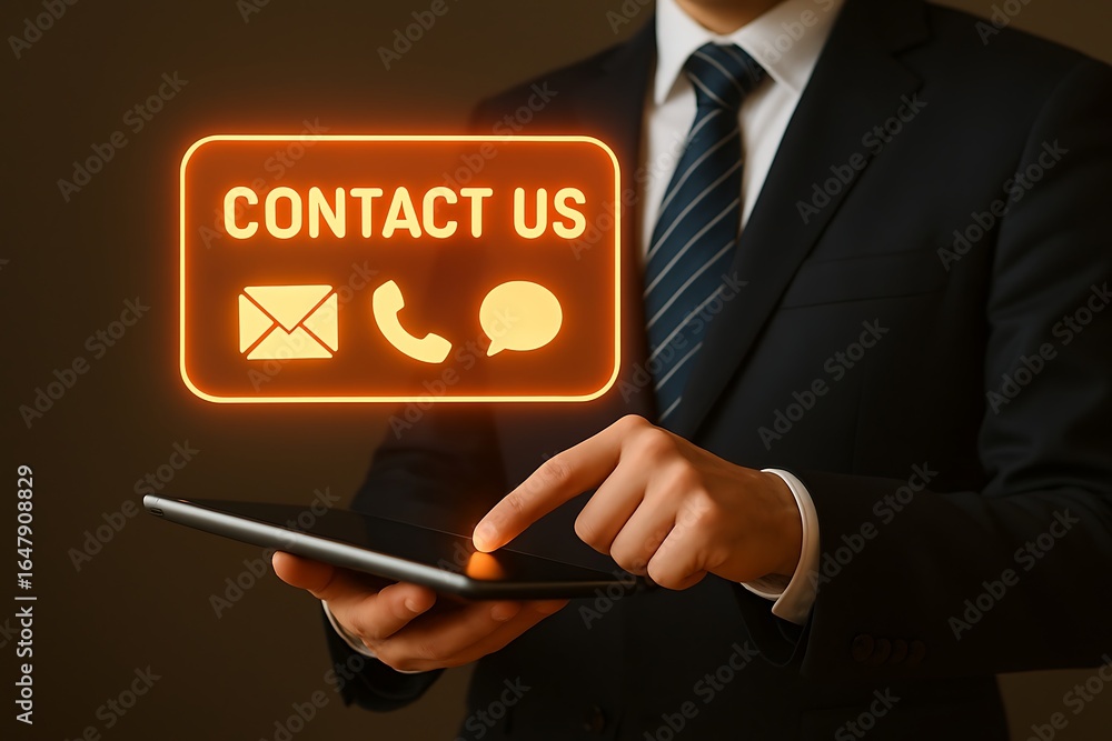 Poster businessman using a tablet with a contact us message displayed on the screen for customer support