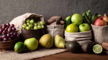 Assorted fresh fruits in fabric bags on wooden surface