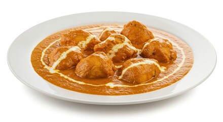 Delicious Chicken Tikka Masala served in a creamy tomato sauce isolated on white background