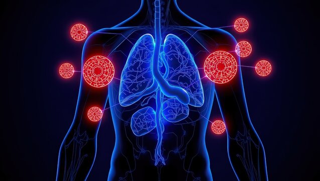 Human body with lungs and red circles indicating disease or infection on a dark blue background