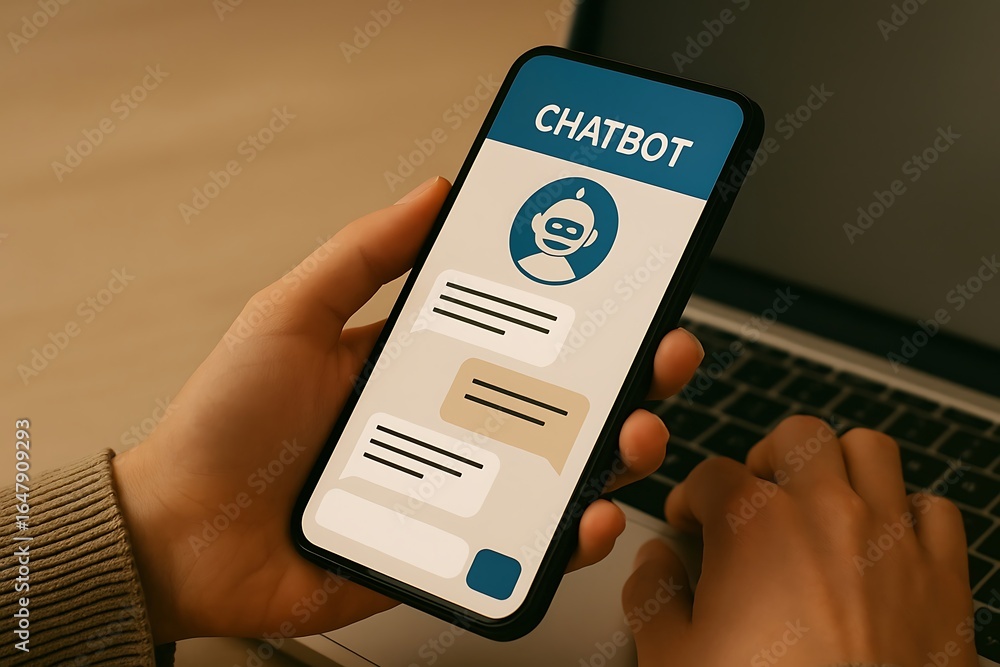 Poster person using a mobile phone with a chatbot application for communication and virtual assistance