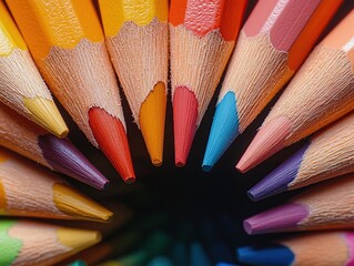 Naklejka premium A detailed macro shot of colorful pencils arranged in a circular pattern with their sharpened tips pointing inward. The pencils display a spectrum of colors from red to violet.
