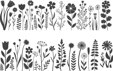 Botanical silhouette collection, black floral icons, plant vector set, nature clipart, leaf shapes, flower bundle, garden elements, decorative foliage