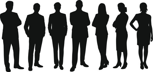 business people silhouette, corporate team vector, professional group illustration, office attire icons, teamwork concept graphic, black and white business scene