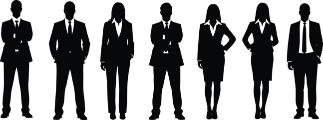 business team silhouette, formal attire vector, corporate professionals illustration, executive group graphic, black and white office scene, gender diversity icons