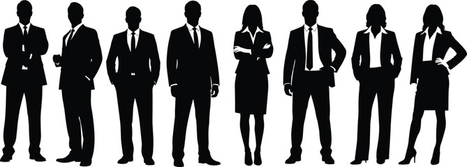 business team silhouette, formal attire vector, corporate professionals illustration, executive group graphic, black and white office scene, leadership concept icons