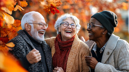 Joyful senior friends laughing together amidst autumnal foliage backdrop for Grandparents Day, National Senior Citizens Day