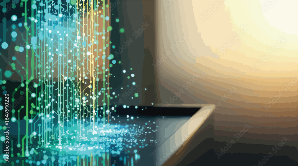 Poster digital data flowing into futuristic interface with soft light technology abstract.