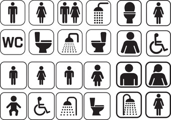 Collection of public restroom and bathroom signs for gender neutrality and accessibility featuring icons for men women accessible restroom shower and toilet facilities