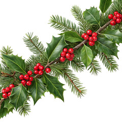 Christmas Holly and Pine Sprig Garland Decoration isolated on transparent background
