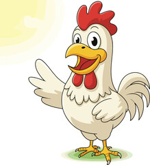 Cheerful cartoon rooster, farm animal illustration, children's book character, colorful rooster drawing, happy chicken art, animated bird image, vibrant farm mascot, educational poultry design