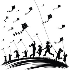 children flying kites, silhouette kids on hill, outdoor play scene, black vector illustration, joyful childhood moment, grassy field activity, freedom fun clipart