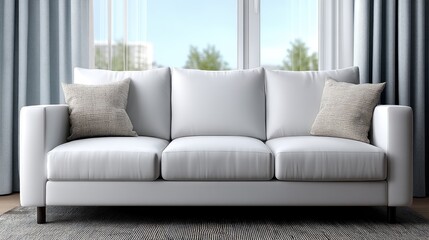 Fototapeta premium A stylish white sofa is adorned with decorative pillows, positioned near large windows that let in natural light and fresh air