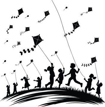 children flying kites, silhouette kids on hill, outdoor play scene, black vector illustration, joyful childhood moment, grassy field activity, freedom fun clipart