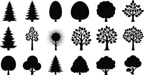 Collection of 20 Unique Tree Silhouettes, Perfect for Nature, Forest, and Botanical Designs, Ideal for Adobe Stock SEO Optimization