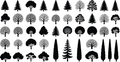 Collection of 40 Unique Tree Silhouettes, Perfect for Nature, Landscape, and Design Projects, Ideal for Adobe Stock with SEO Optimization