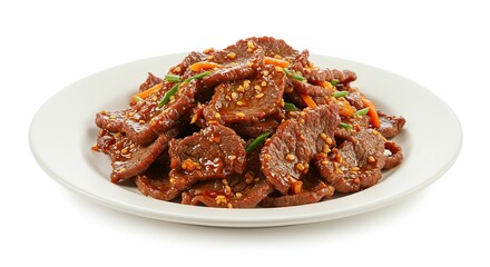 Spicy Sesame Beef Stir Fry with Carrots and Scallions Isolated on White Background