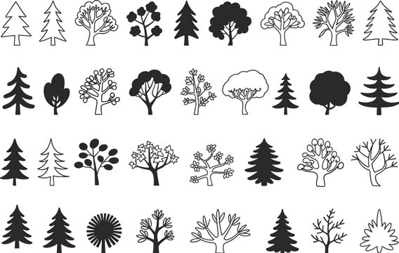 Collection of Diverse Tree Illustrations, Nature Silhouettes, Botanical Graphics, Forest Elements, Perfect for Adobe Stock, SEO Optimized, Design Projects