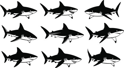 Collection of shark illustrations, black and white drawings, marine life artwork, ocean predators, aquatic animals, vector design, Adobe Stock SEO
