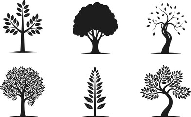 Collection of Six Unique Tree Silhouettes, Nature Icons, Vector Illustrations, Perfect for Design Projects, Adobe Stock, SEO Optimized