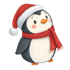 Christmas Penguin Santa Hat and Scarf isolated on transparent background