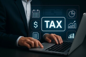 A business person is working on their laptop to complete their taxes and manage their finances