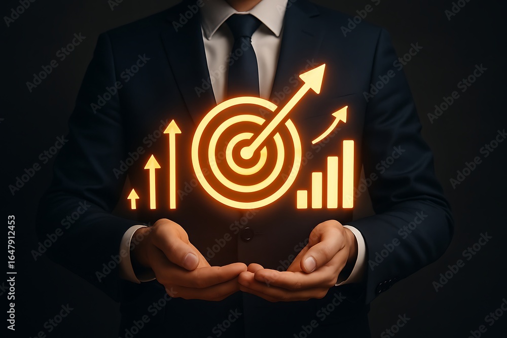 Poster a businessman holding a glowing target with arrows and a bar graph symbolizing business success and 