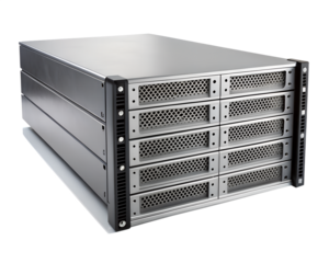 Server rack unit for data storage and network technology, isolated on transparent background