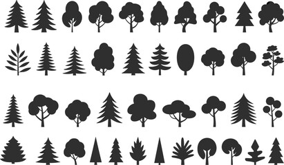 Collection of Tree Silhouettes, Pine and Deciduous Trees, Nature Icons, Forest Elements, Vector Graphics, Tree Designs, Adobe Stock, SEO Optimized