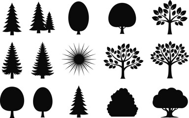 Collection of Various Tree Silhouettes, Evergreen and Deciduous Icons, Nature Design Elements, Black and White Graphic Art, Forest Shapes