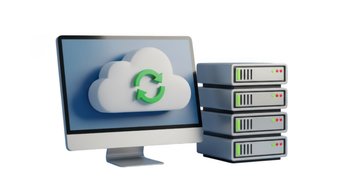 Computer monitor with cloud and server stack isolated on white background